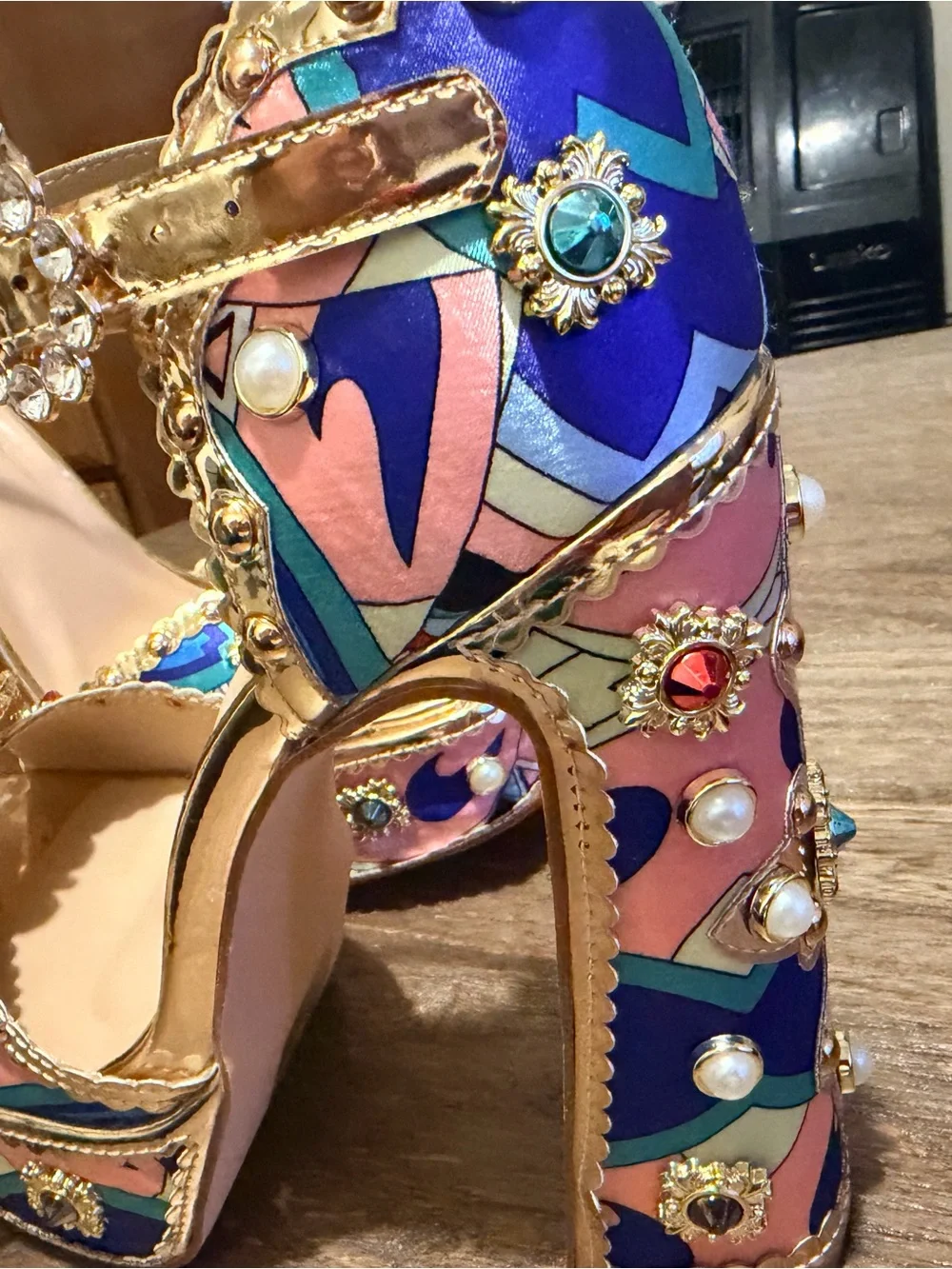 Fashion Nova Pink Multicolor Jeweled Platform Sandal with Gold Trim